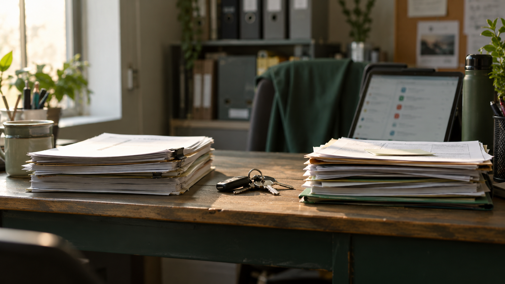 Two stacks of paperwork and a set of keys on an office desk